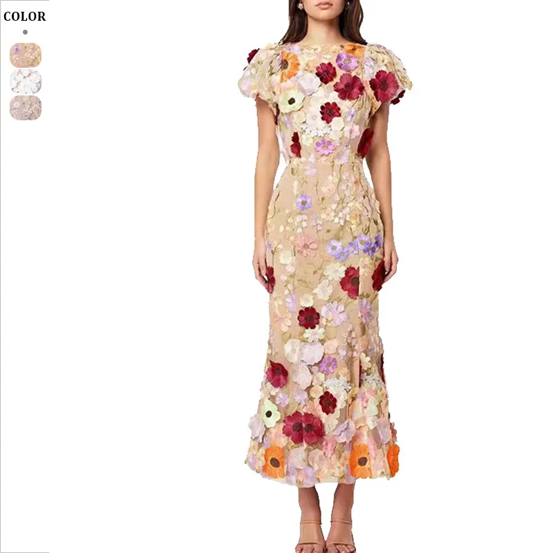 

Sheath Fishtail Skirt2025Spring New Light Luxury round Neck Embroidered Three-Dimensional Flower Puff Sleeve Mid-Length Dress
