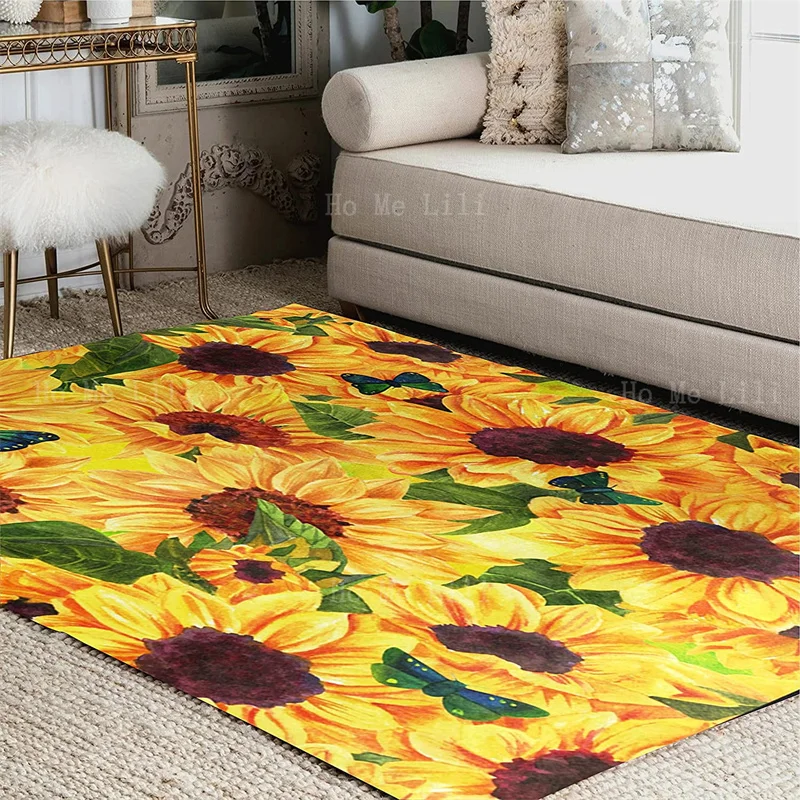 Vintage Sunny Bright Yellow Sunflower Green Leaves Seamless Flower Fence Summer Garden Flannel Floor Rugs For Living Room