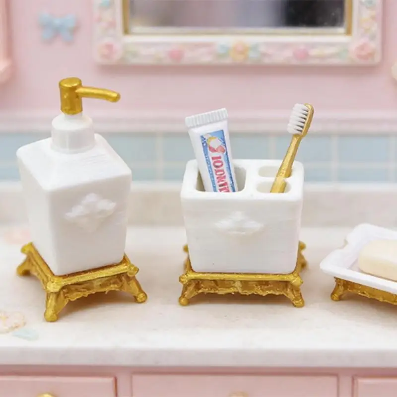 1/3Pcs Nordic Style Lotion Bottle & Soap Dish Mini Toothbrush Holder Model 1:12 Scale Dollhouse Miniature Bathroom Accessory Set
