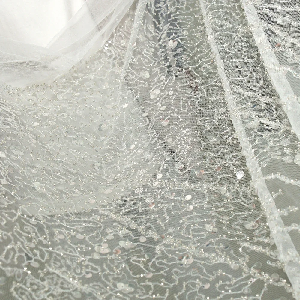 Роскошная кружевная сетчатая ткань с блестками и бисером, блестящая серебряная вышивка, тюль для свадебного платья, костюма, сделай сам, ремесло от кутюр
