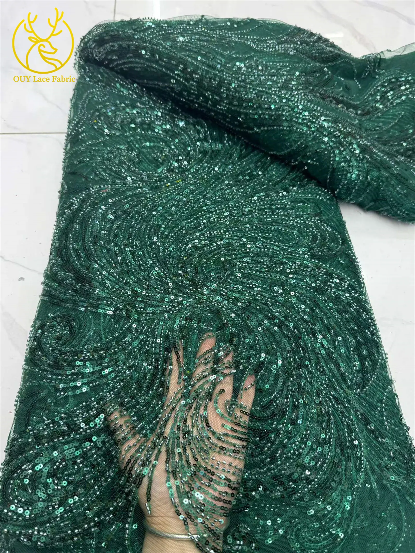 2026 Afrikanischer Perlen-Tüll-Spitzenstoff, 5 Yards, grün, hochwertige französische nigerianische Pailletten-Spitze für Party- und Abendkleider zum Nähen – Detail 11