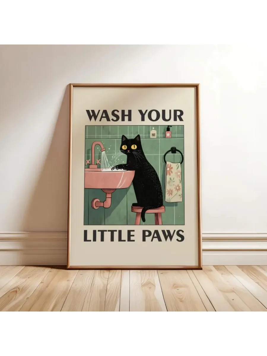 Affiche imprimée sur toile avec Illustration de chat «lavage vos pattes», imprimés d'art d'animaux modernes et amusants, salle de bains, décoration de maison