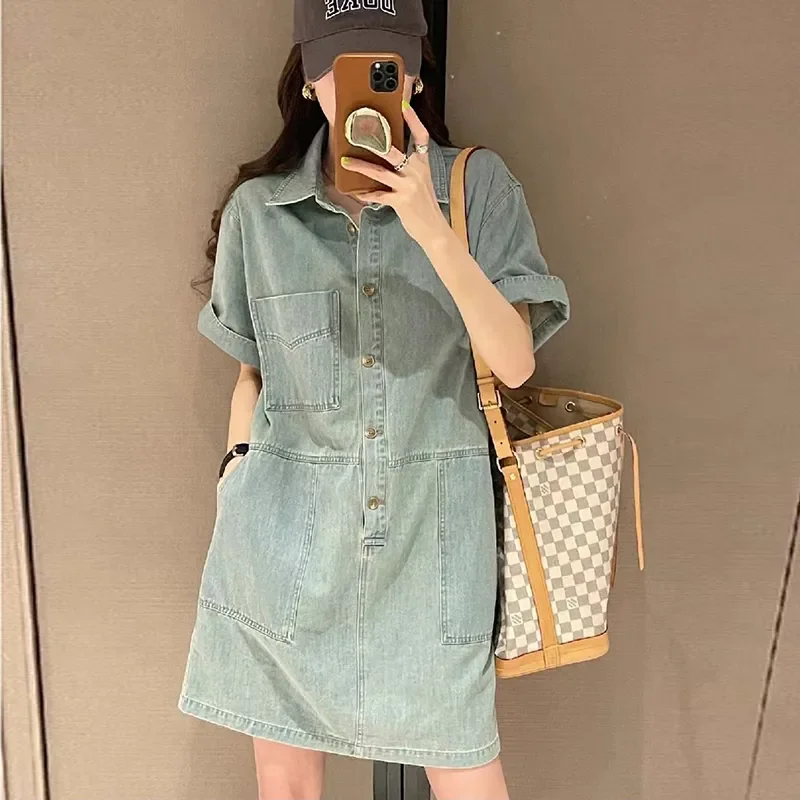 Womens Light Denim Short Sleeve Shirt Dress Loose Fit Button Front Pocket Casual Retro Jean Sundress - view 4