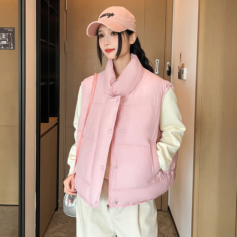 

2025 New Autumn Winter Blue Down Cotton Padded Vest Jackets Loose Women's Short Parka Coats Simple Fashion Sleeveless Waistcoat