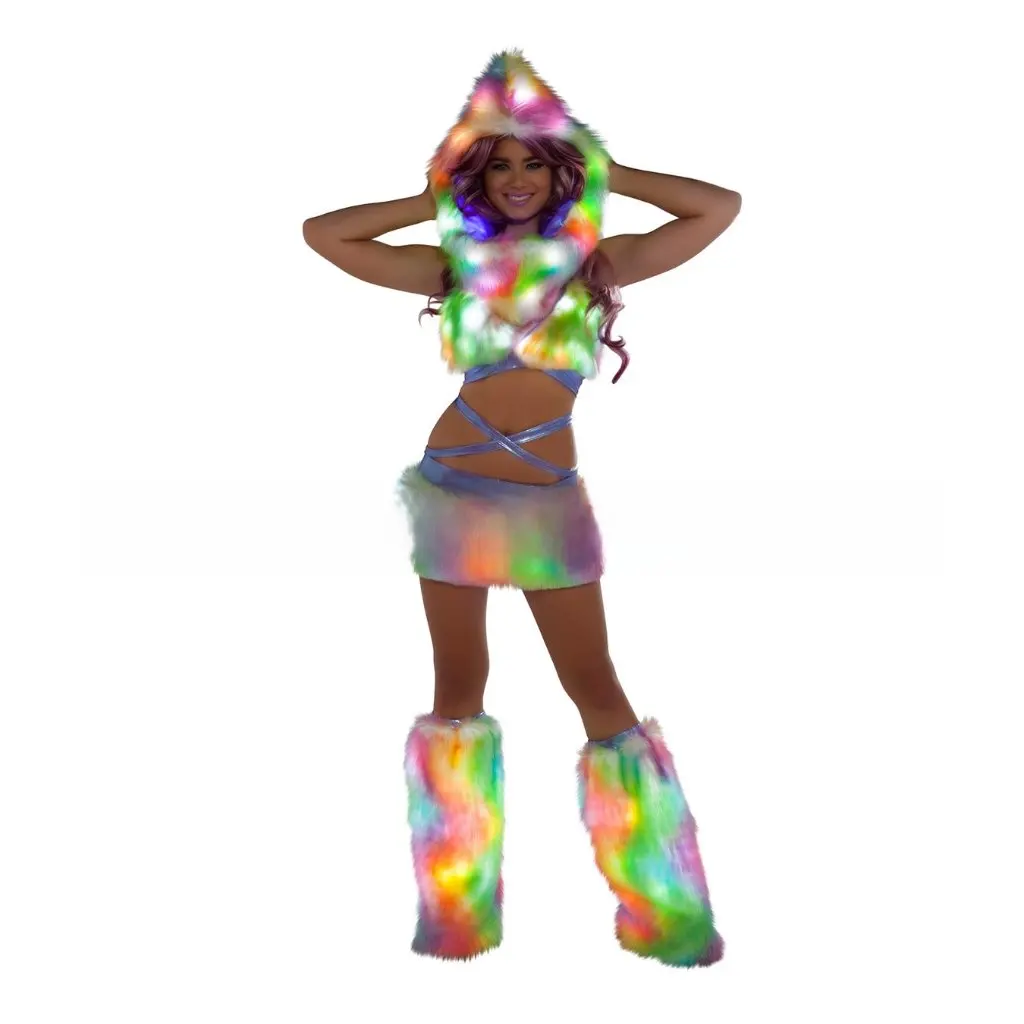 

Colorful LED Light-Up Costume Vest Skirt And Hat Set Imitation Fur One-Piece Suit for Carnival Cosplay Festive Wear