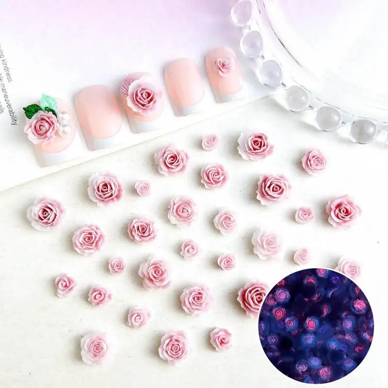 Luminous Matte Powder Resin Peony Nail Charms 3D Pink Series Flower Bud Sweet Style Nail Art Decorations for Manicure DIY Crafts