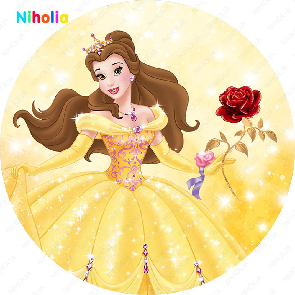 Disney Beauty and Beast Round Backdrop Cover Belle Princess Kid 1st Dance Love Birthday Party Photo Studio Circle Backgrounds