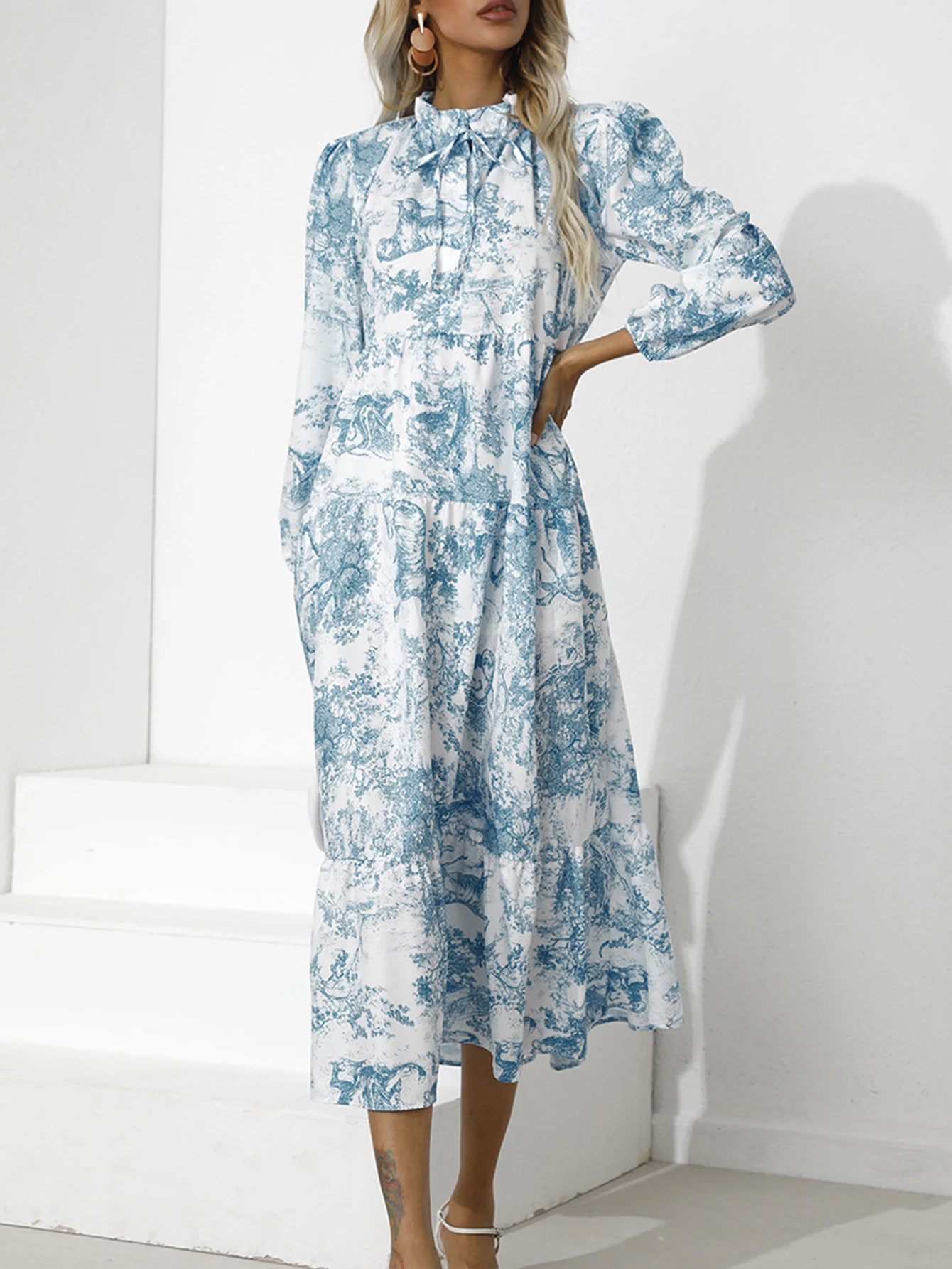 Elegantes Damen-Midikleid mit Batikmuster, Schnürung, lange Puffärmel, Stehkragen, A-Linie, Midikleid, Herbst-Urlaubskleid