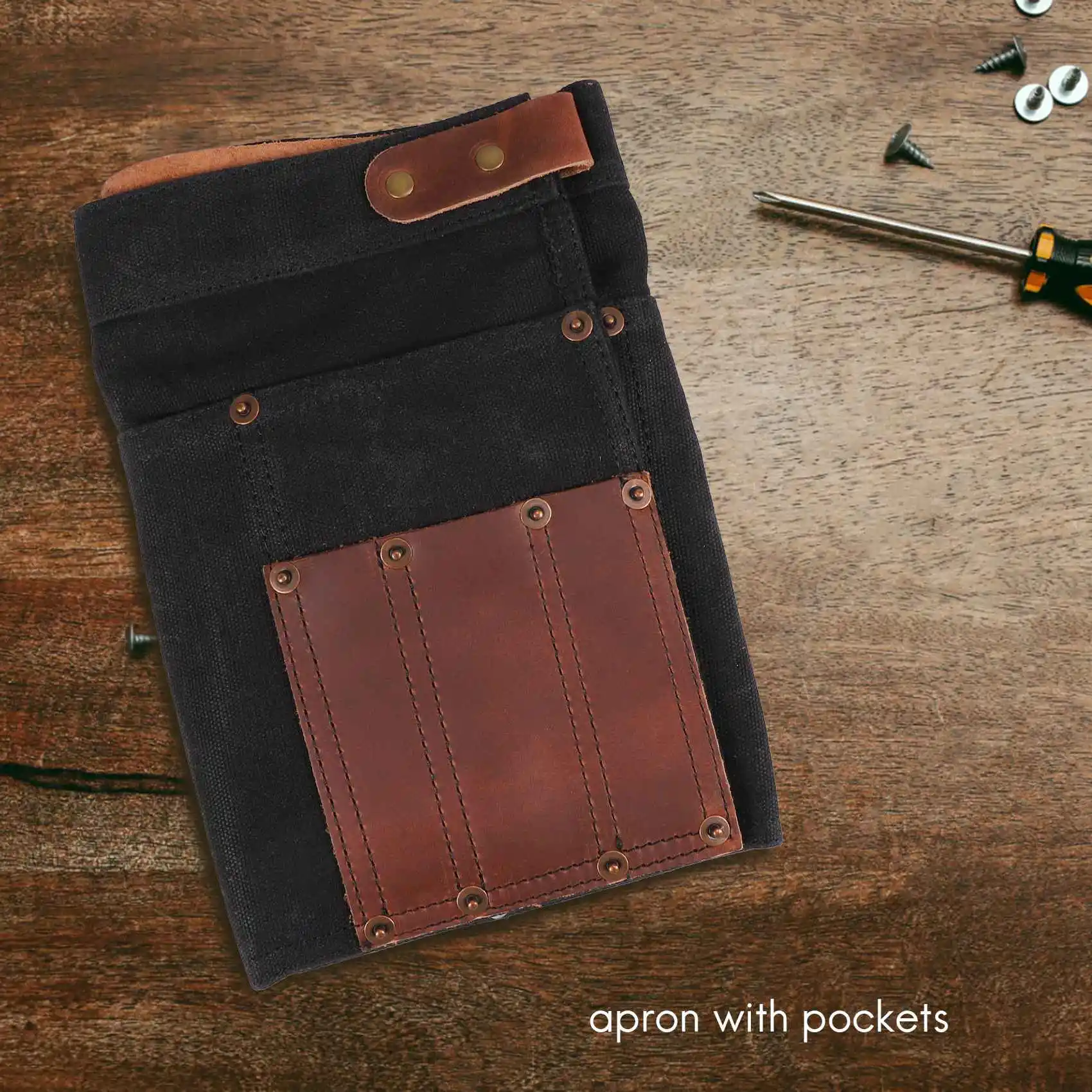 F-3C Multi Pocket Apron for Women Real Leather Canvas Half Apron Pocket Waitress Teacher Utility Server Cosmetic Apron Black