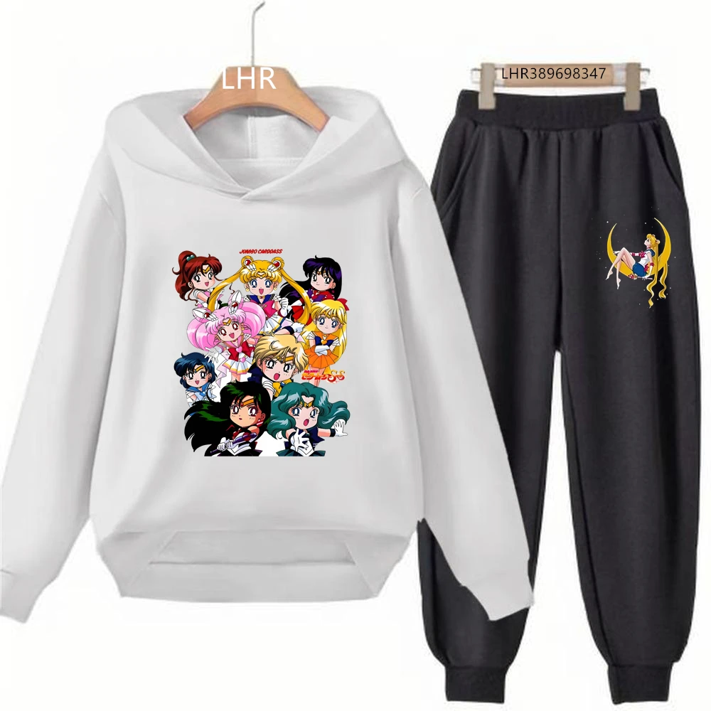 Autumn Hoodie Sailor Moon Print Kids Girl Pink 3-12 Years Sweatshirt+Trousers Sports Pullover Coat Leisure Fashion Anime Set