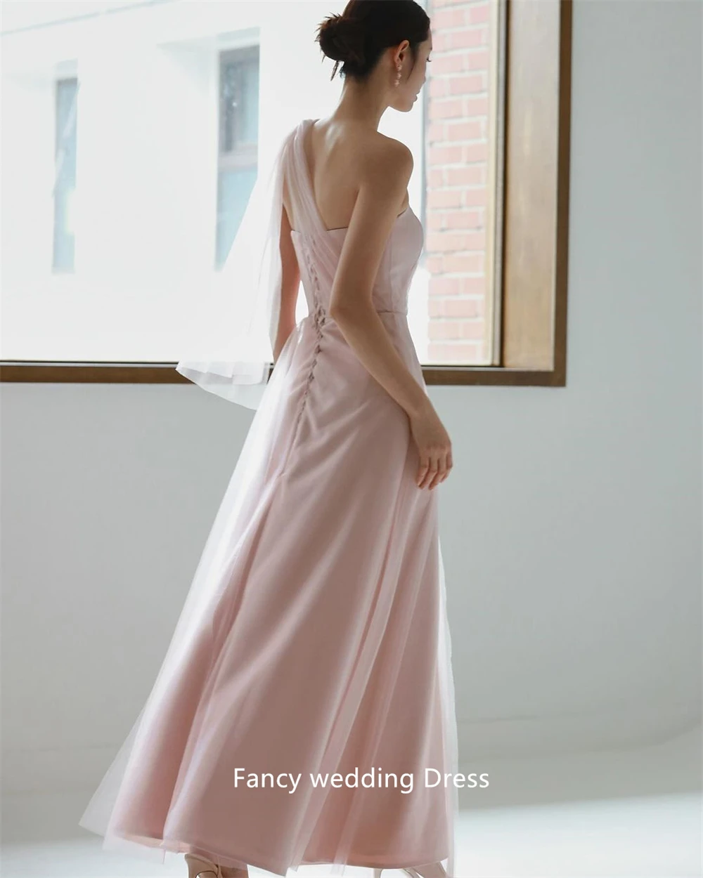 Fancy Fairy Pink A Line Wedding Dress Korea Photography Soft Tulle Satin Bridal Gown Ankle Length Bridal Dresses 3 Style