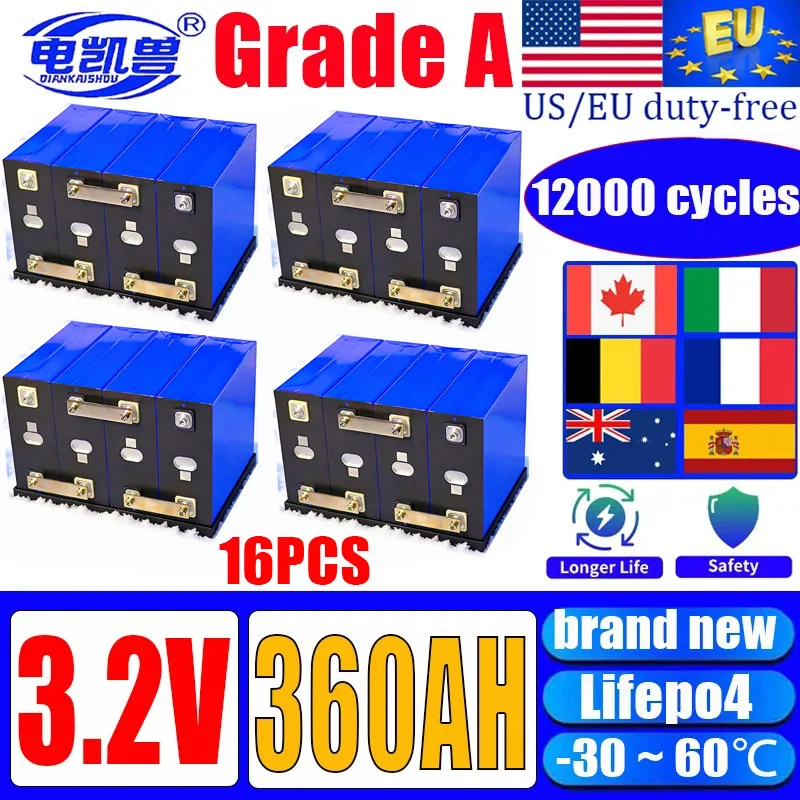 

16pcs new 3.2V 360Ah Lifepo4 Rechargeable Battery Lithium Iron Phosphate Travel Solar RV Campers Cell diy 48v batteries Grade A