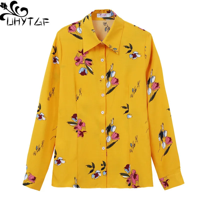 

UHYTGF Women Blouses Fashion Print Chiffon Autumn Shirt Female Korean 5XL Loose Size Top Ladie Blusas Mujer De Moda Camisas 1743