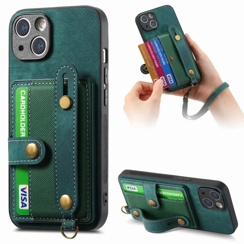 Wrist Strap PU Leather Stand Phone Case for IPhone 13 12 Mini 16 15 14 11 Pro Max XS X XR 8 7 Plus Wallet with Card Holder Cover