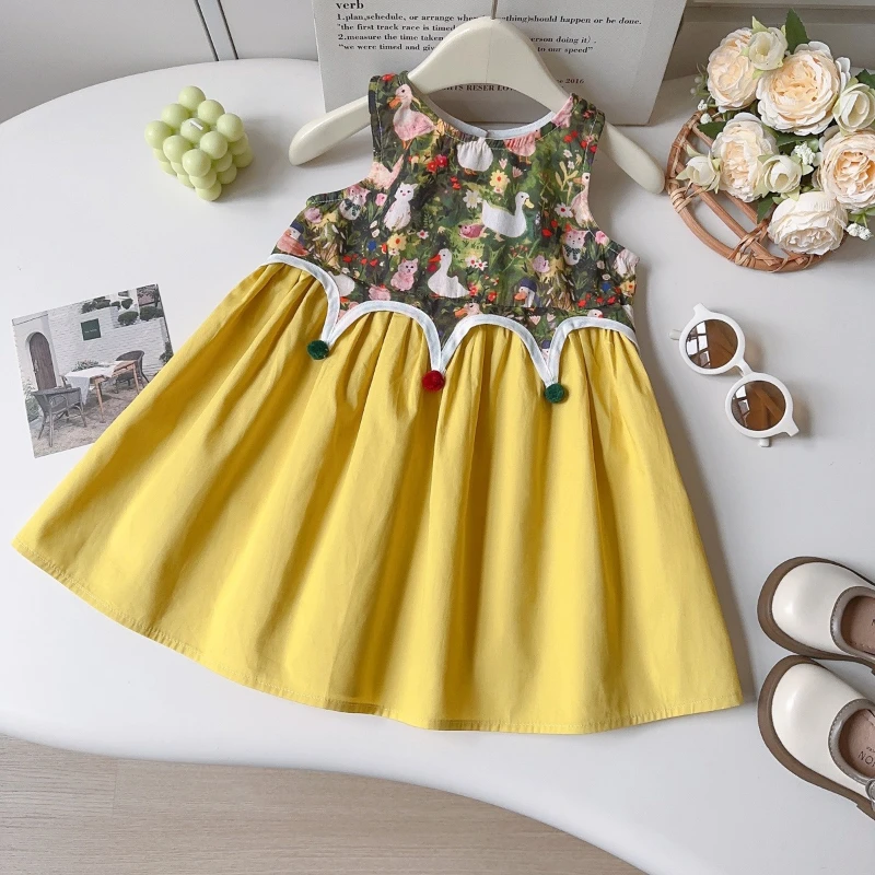 

2026 Summer New Children's Hot Selling Cotton Cartoon Pattern Splicing Solid Color Large Skirt Dress