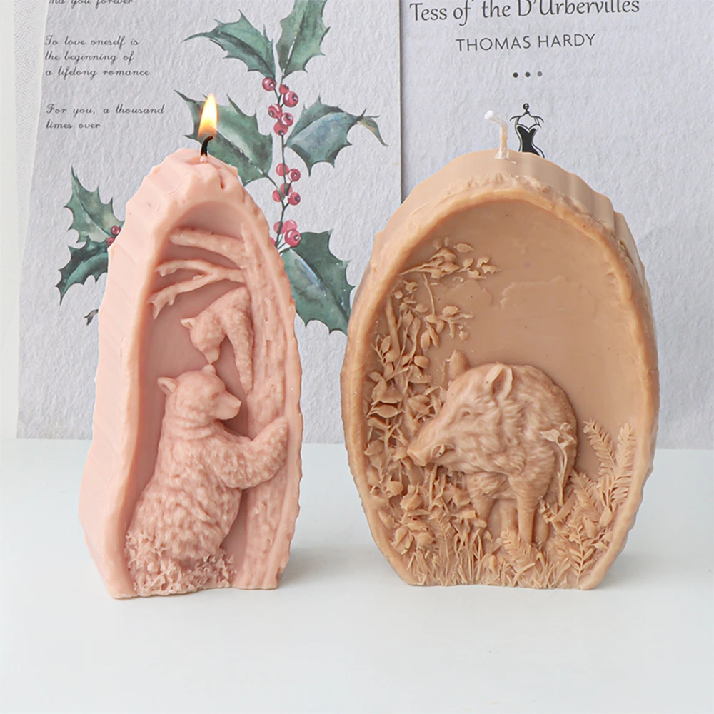 Flat Embossed Wild Animal Boar Silicone Candle Mold Forest Bear Plaster Resin Casting Home Decor Tools Gypsum Soap Making Mould