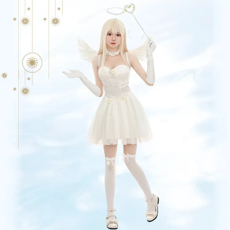 

Sexy White Angel Dress Matching Headdress Goves and Wings Halloween Ghost Bride Costume Zombie Girl Cosplay