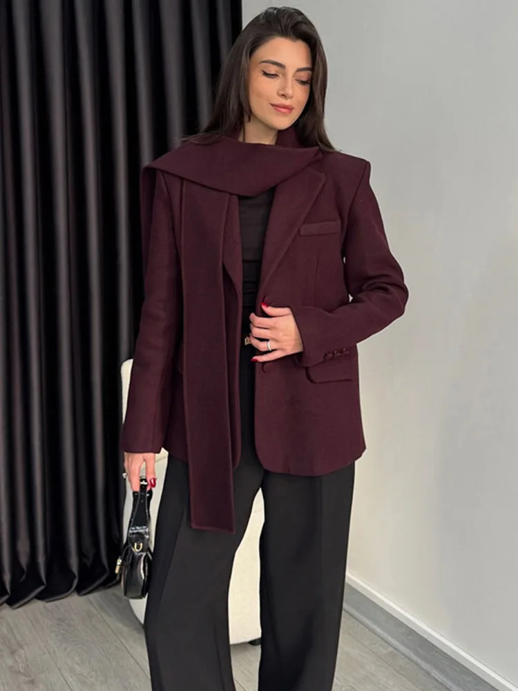 FANAN Women's Fashion Burgundy Scarf Collar Blazer Coat Elegant Pocket Long Sleeve Loose Coat Chic Lapel High Street Blazer