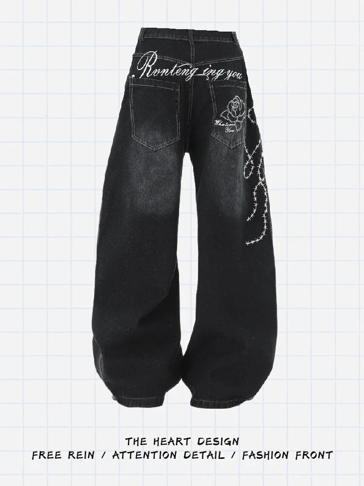 

American Sle Women's Bla Rose Embroidery Jeans Casual High Waist Wide Leg Pants Autumn New Waed Floor-Length Trousers