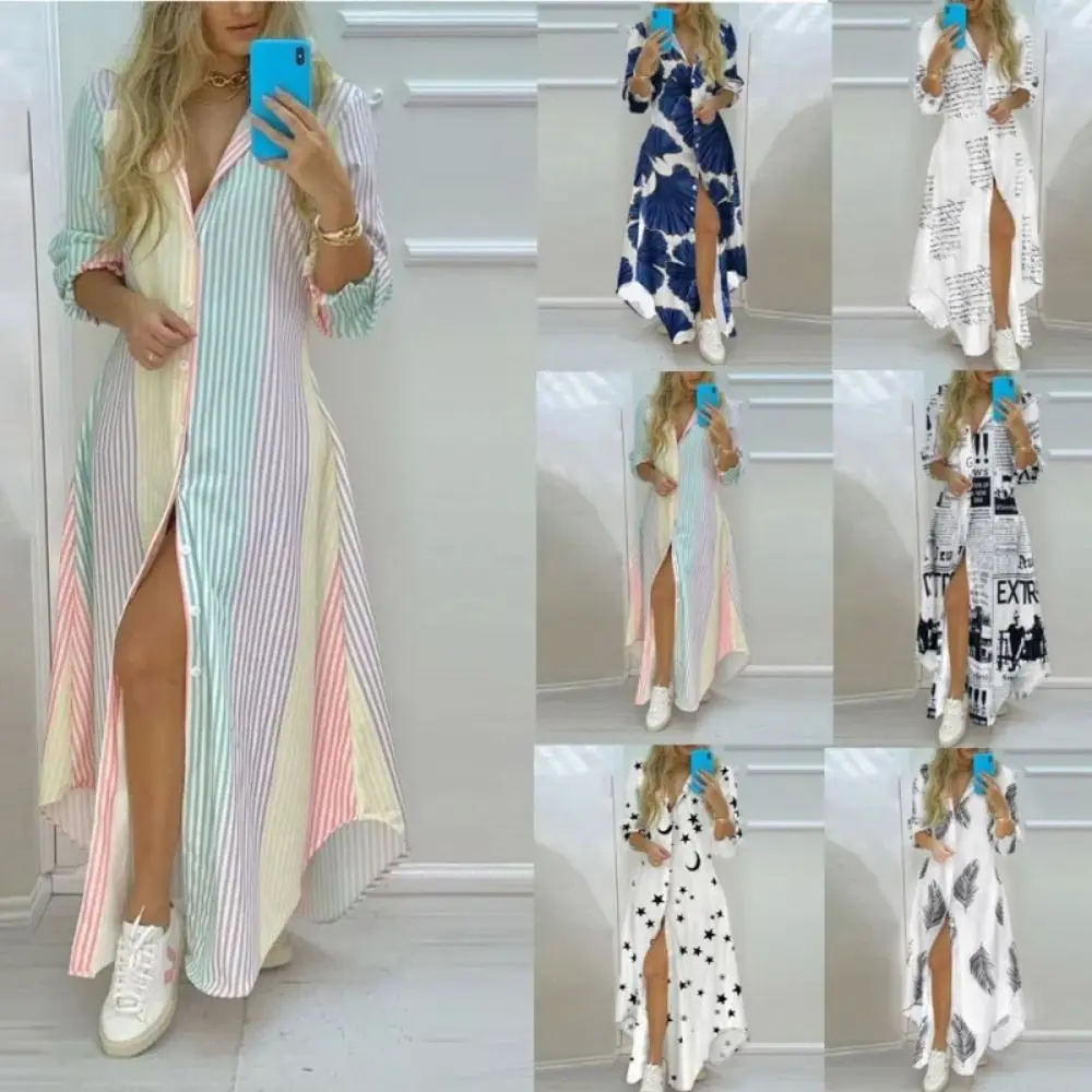 Manga longa listra colorida impressão botão camisa vestido garfo abertura moda boho impresso camisas longas vestido único breasted botão