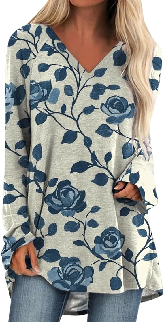 

Рубашки с длинным рукавом для женщин, модные повседневные свободные туники с v-образным вырезом, топы больших размеров, удобные осенне-зимние блузки с принтом