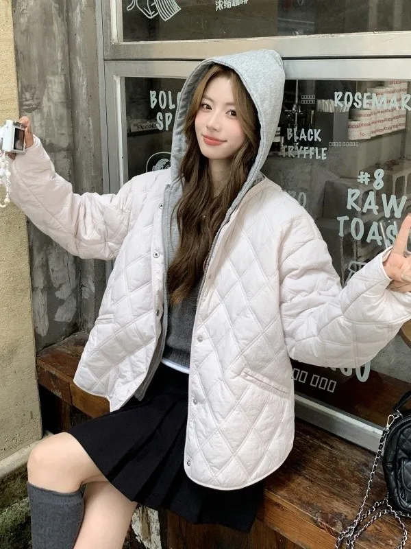 

Trendy Couples ex Diamond Stitch Color Versatile Detachable Hat Sweatirt Cotton Jaet Cotton Coat Women's Sle