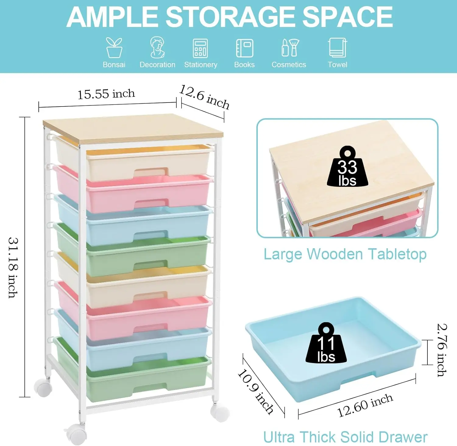 

Rolling Storage Cart with Drawers,Utility Cart With 8 Drawers and Wooden Tabletop,Rolling Drawer