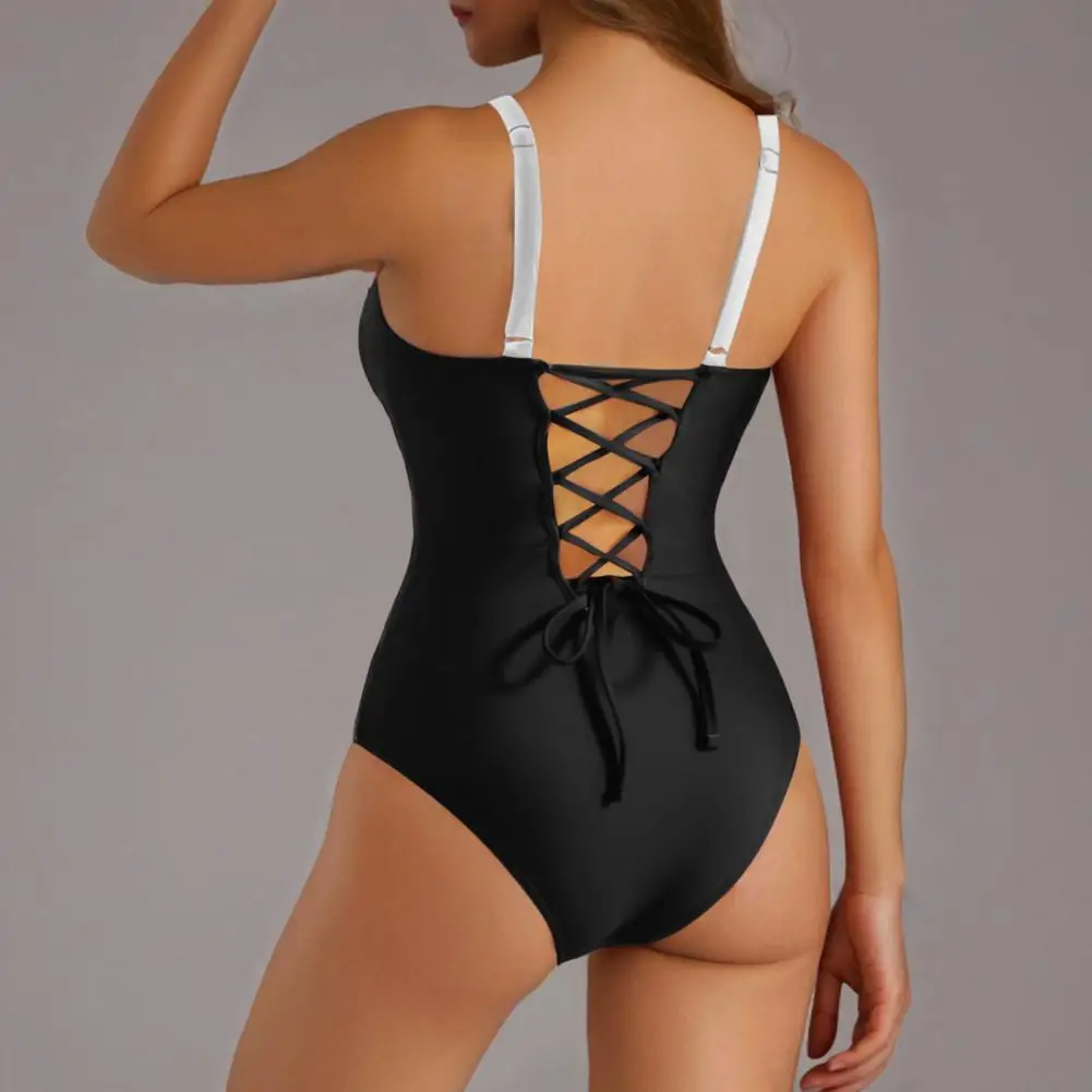 Maillot de bain une pièce rembourré pour femmes, soutien-gorge froncé, à lacets, dos exposé, Monokini, Patchwork, couleur, serrage du ventre