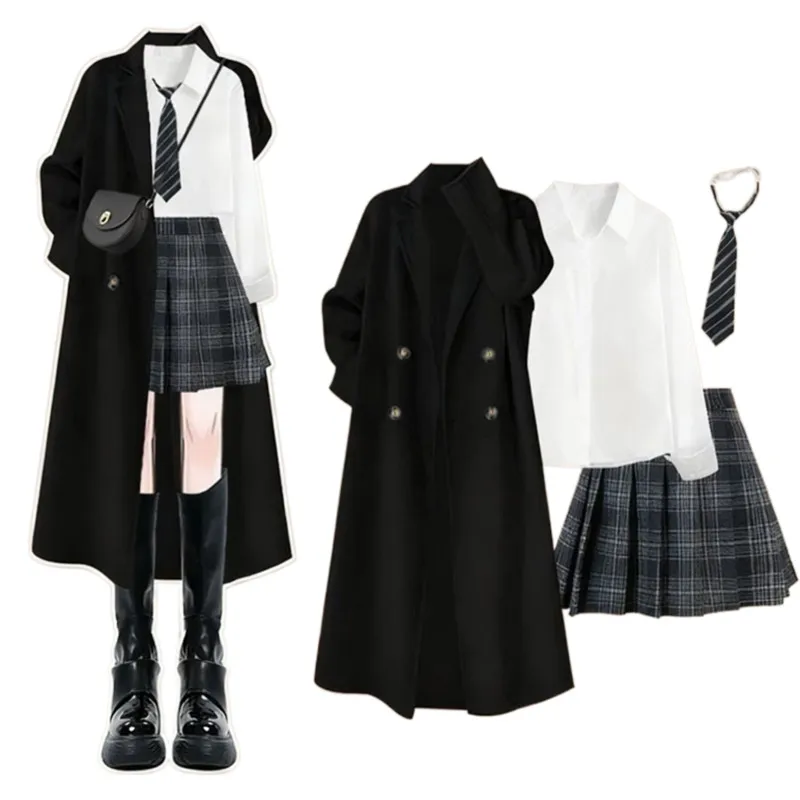Autumn and Winter New Korean Black Woolen Windbreaker Jacket Casual Shirt+slim Fit Skirt Four Piece Set
