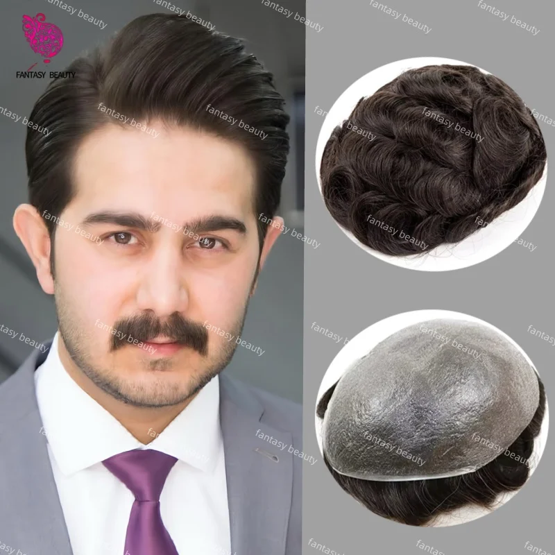 

Dark brown Black Grey #310#320 Human Hair Prosthesis wig 0.04MM Microskin Full PU Human Hair Wig System Capillary Prosthesis Men