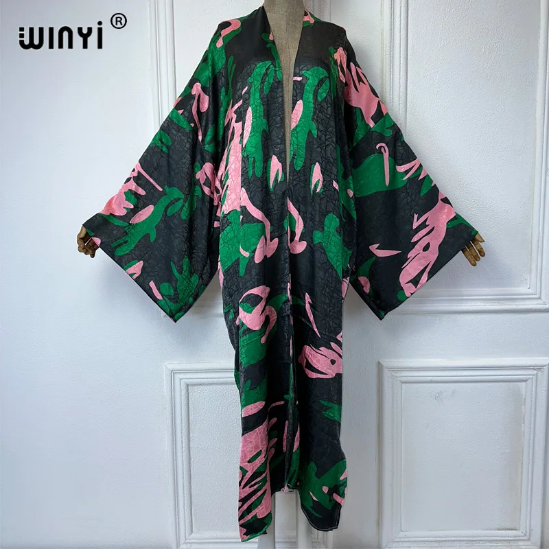 WINYI 2024 High-quality Double-sided Print Silk feel Dress Beach Wear Boho Cardigan abaya women muslim dress Long Sleeve Kimono