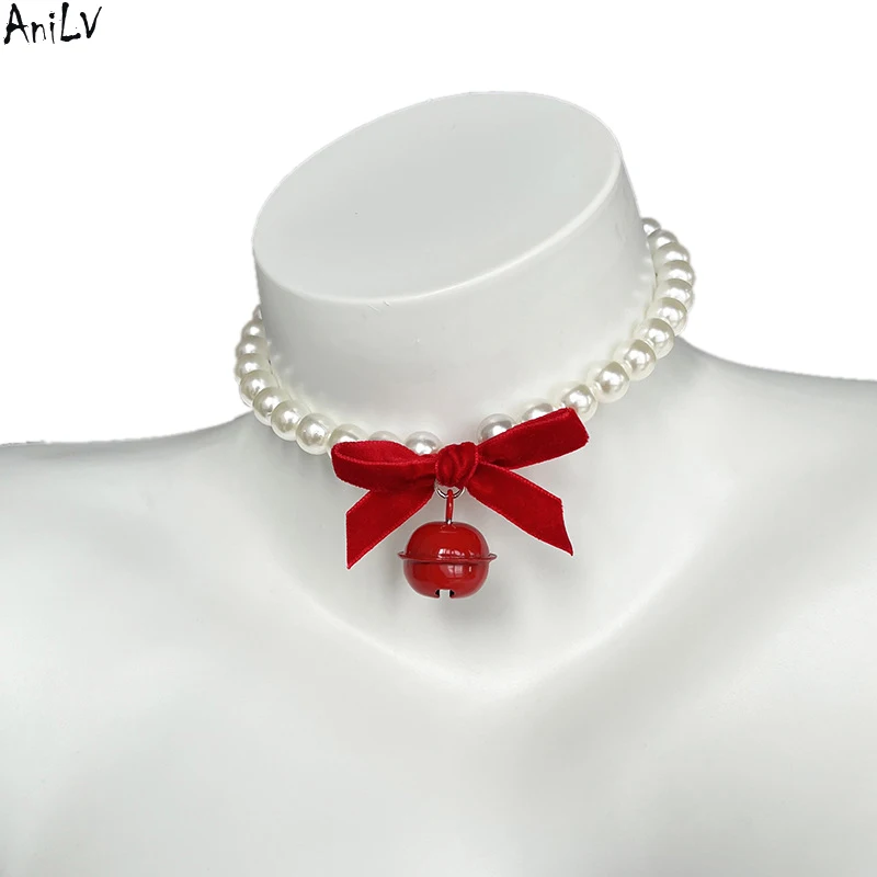 AniLV New Christmas Artificial Pearl Necklace Sweet Bow Bell Neck Chain Cosplay