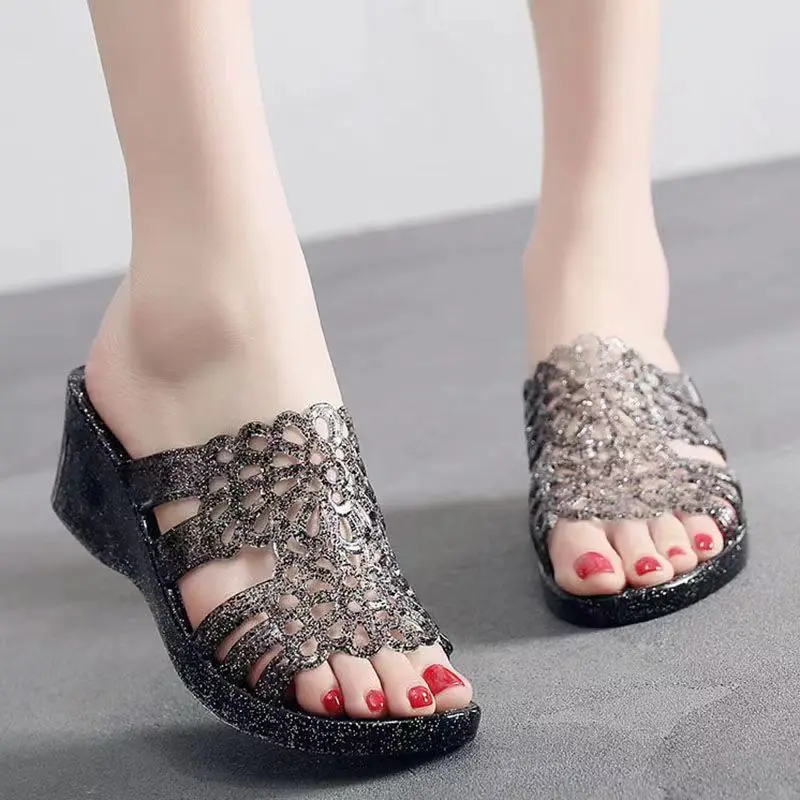 New Women's Summer One Word Wedges Crystal Slippers Soft Sole Home High Heels Slipper Outdoor Beach Slippers Bathroom Slippers