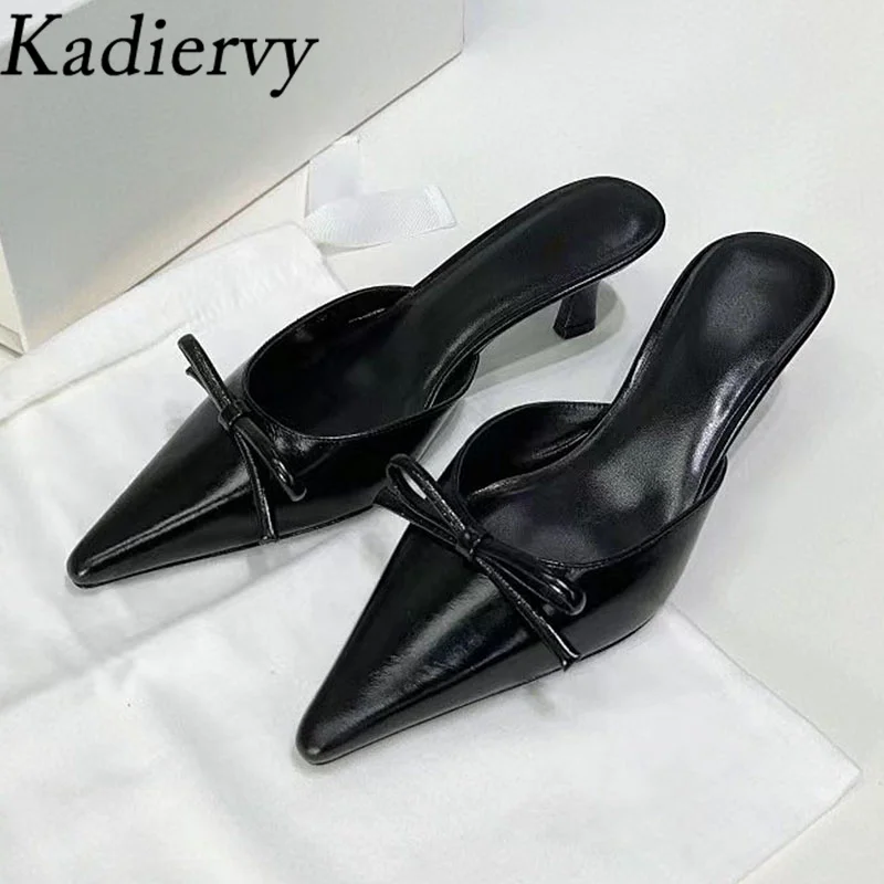 

Sexy Kitten Heels Slippers Women Genuine Leather Runway Shoes Women Pointed Toe Butterfly-knot Slides High Heels Slippers Woman