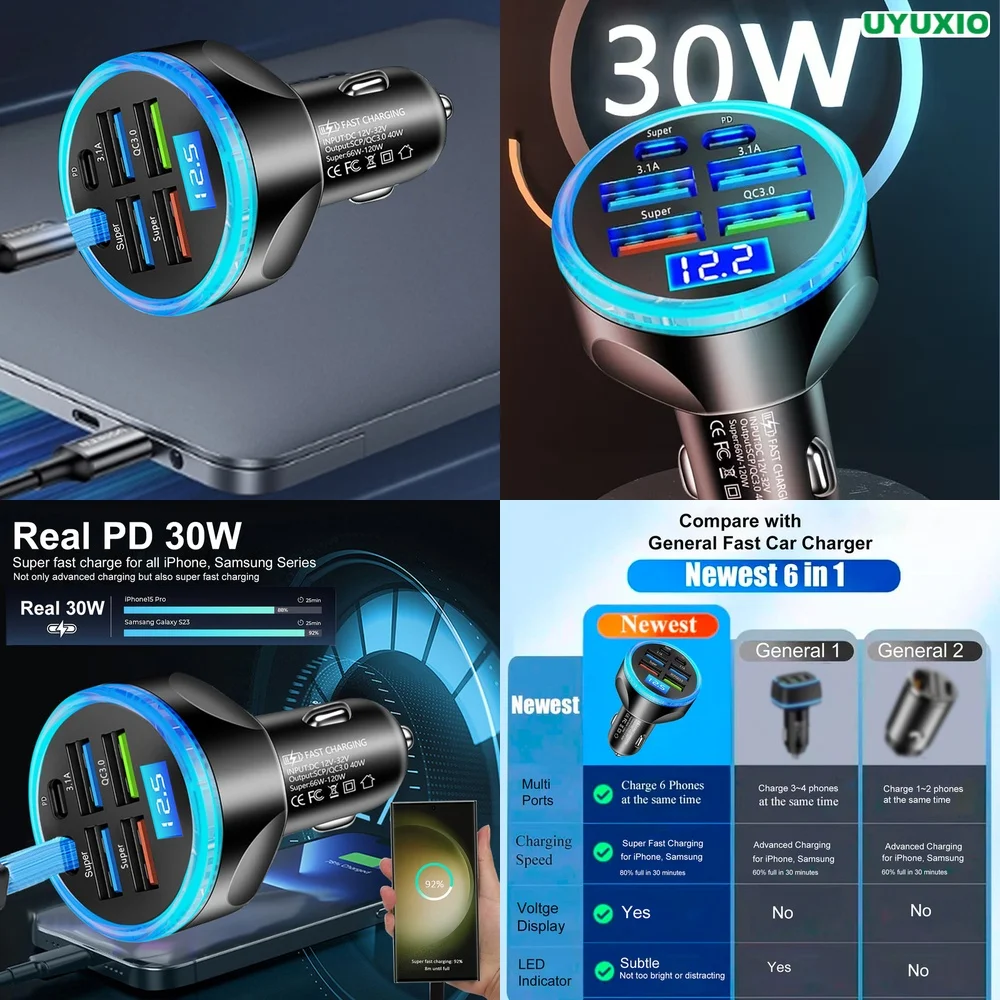 Type C USB C PD 30W for iPhone 17 16 15 14 Pro Max Plus LED Digital Display 6 Ports Car Charger Fast Charging Super Fast Socket
