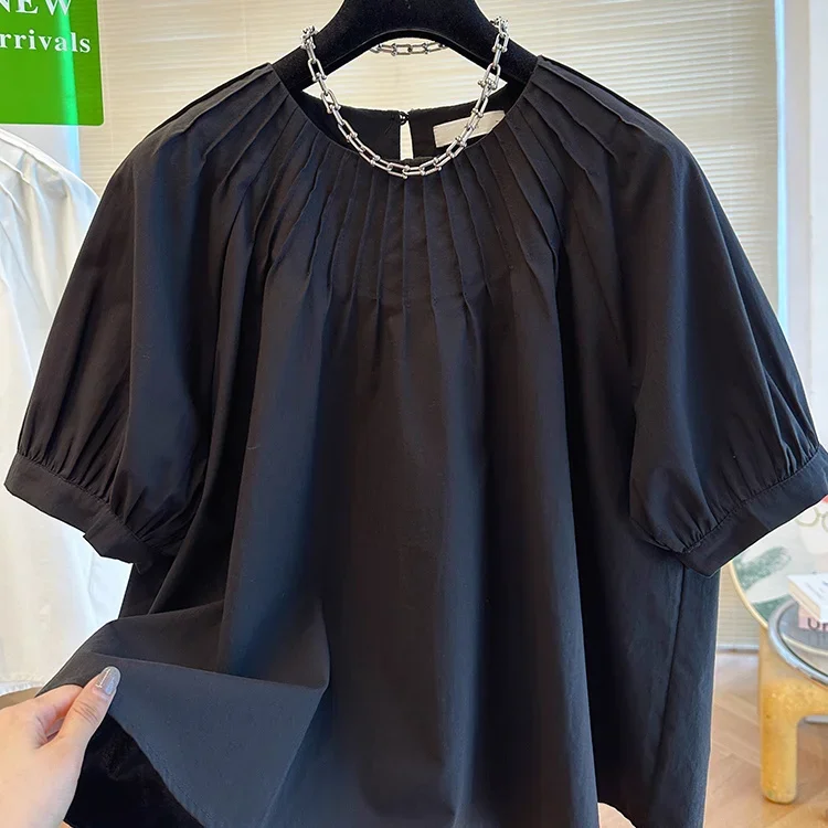 KUSAHIKI Korean Folds O-neck Puff Sleeve Doll Shirt Chic Sweet Womens Tops 2023 Summer New Solid Pullover Blusas De Mujer