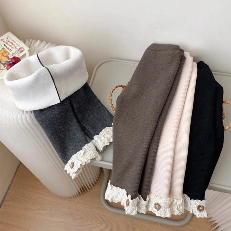 

Зимние леггинсы в полоску с флисовой подкладкой для маленьких девочек 2025 года, теплые кружевные брюки с цветочным принтом для девочек