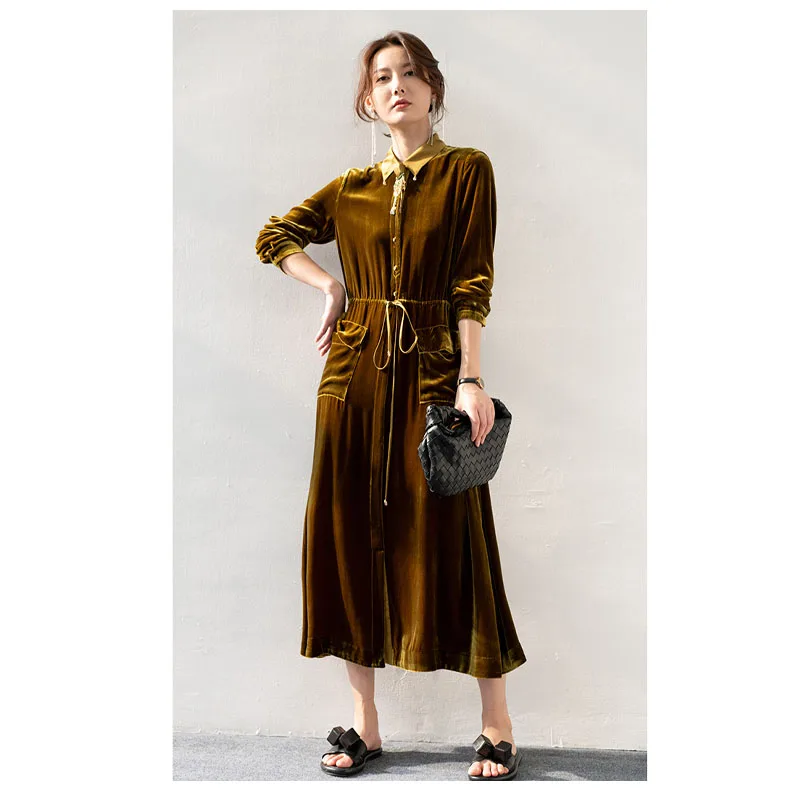 Silk Velvet Women\'s Long Sleeve Dress Original Design Single Breasted Lace-up Mid-length Skirt Youth Fashion Free Shipping