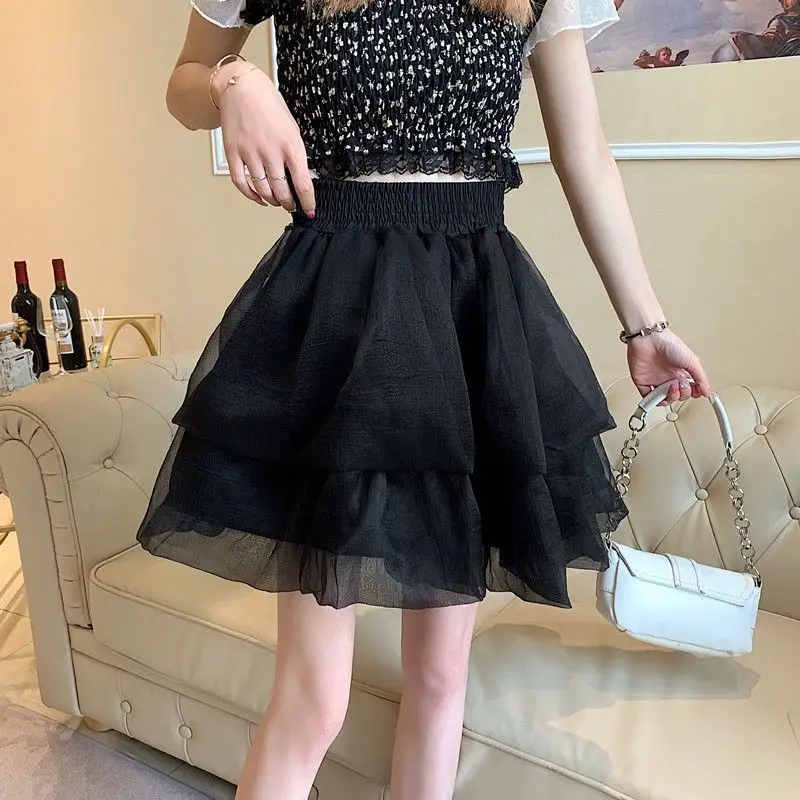 Puffy Skirt Mesh Women'S Summer 2024 New Style Solid Color Little Man High-Waisted Slim French A-Line Skirt Short Skirt