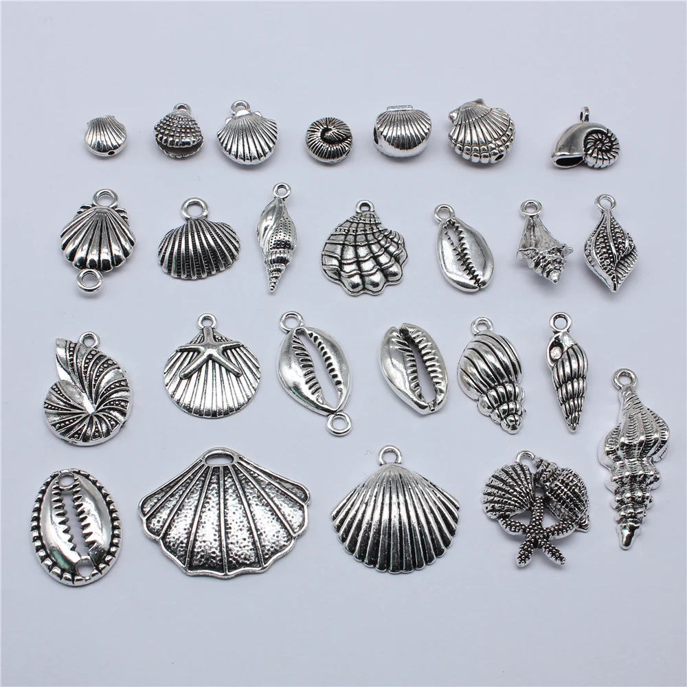 10 Uds. De dijes de concha y concha chapados en Color plata antigua, joyería colgante, joyería de aleación de Metal, dijes para marcar joyería para fabricación de joyas