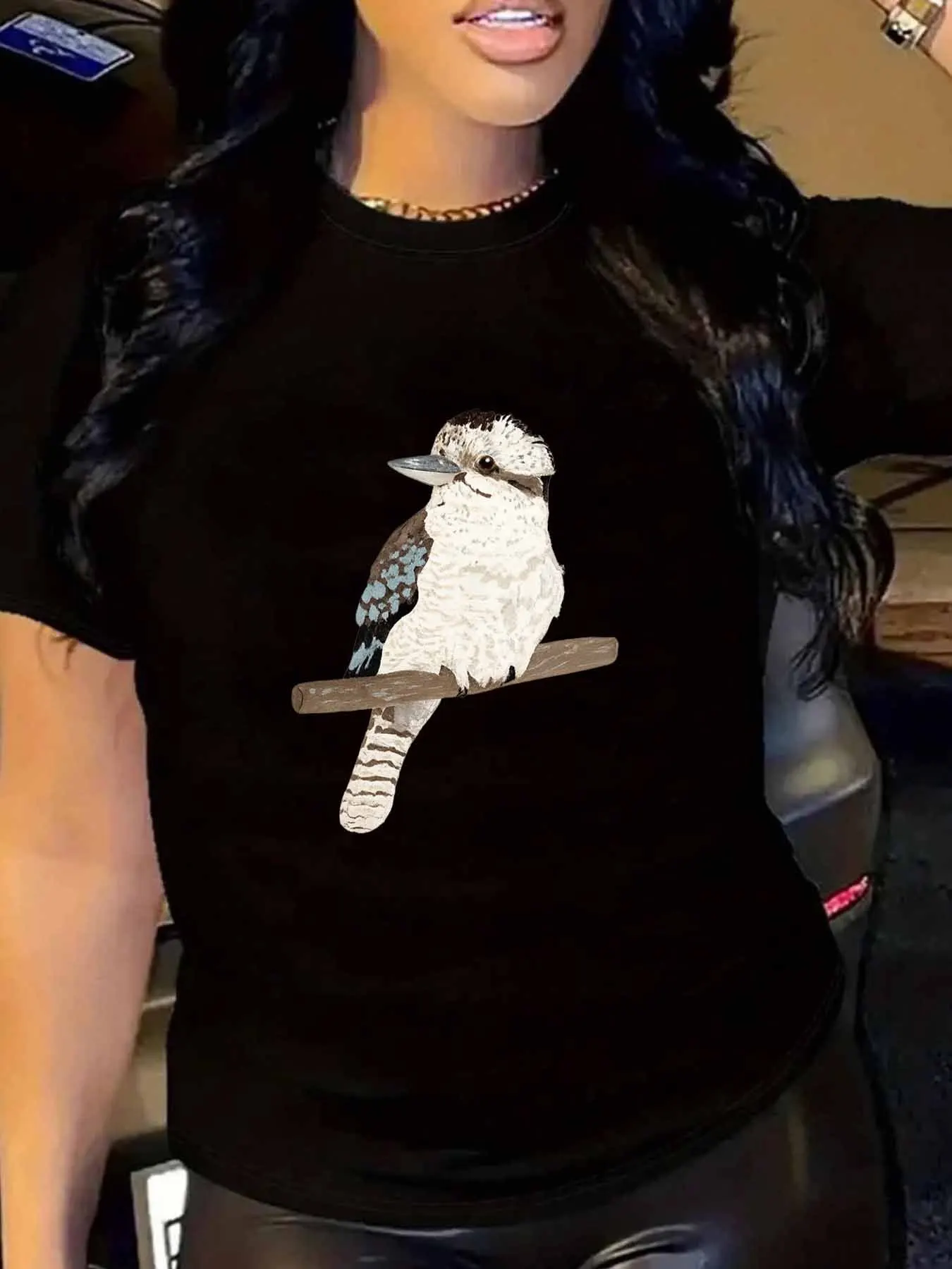 【WY1319139】تيشيرت نسائي بمقاس كبير ورقبة دائرية وأكمام قصيرة مع نصف كم مرن ومطبوعات عصرية #1