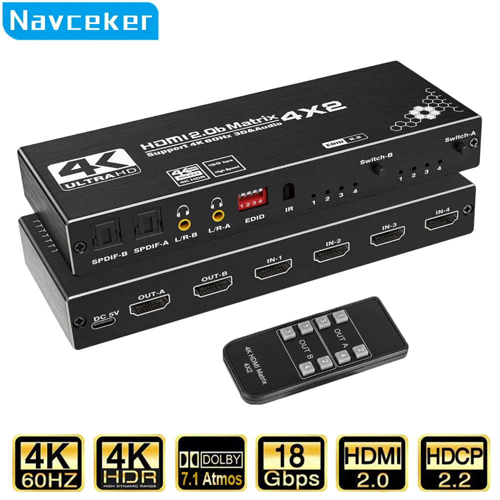 2023 4x2 macierz HDMI przełącznik Splitter 4 w 2 na 2 na zewnątrz ze SPDIF L/R 3.5mm HDR HDMI-kompatybilny przełącznik 4K @ 60Hz dla PS5