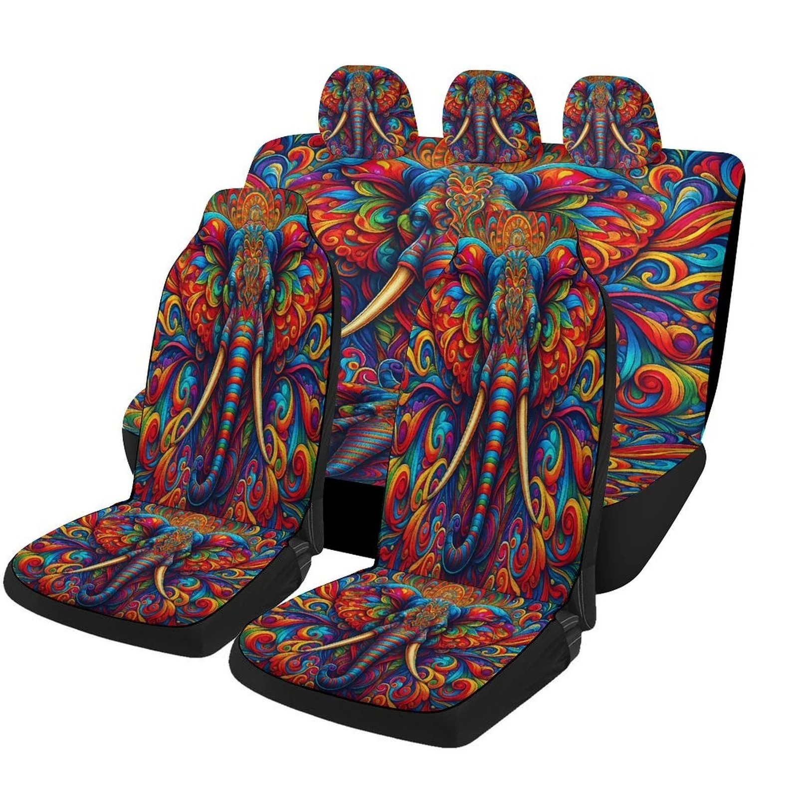 Colorful Elephant Themed Car Seat Cover Set For Most Cars, Decorative Trendy High-quality Car Seat Protector Covers Full Set, C