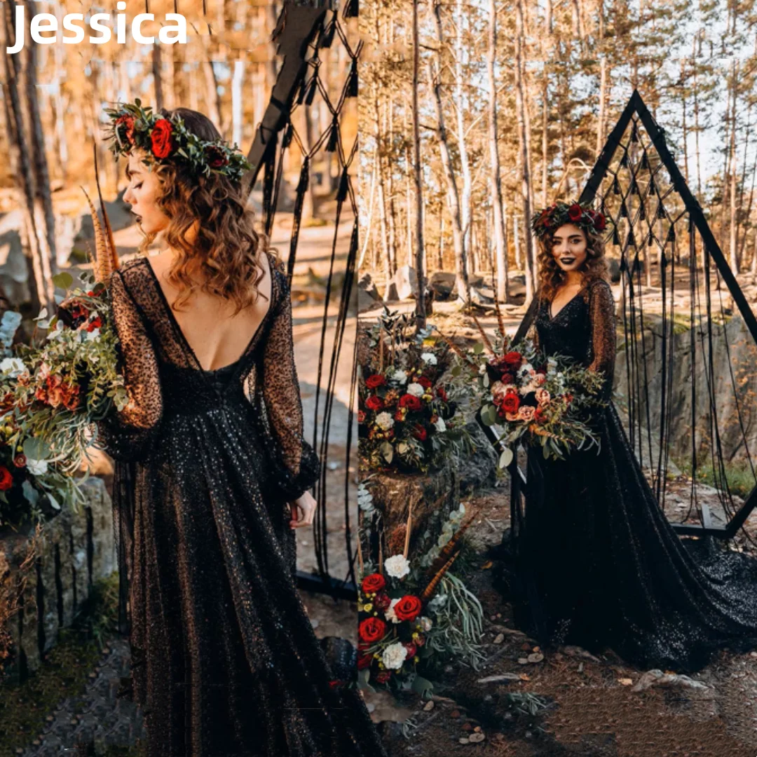 

Jessica Black Prom Dresses Luxurious Glitter Sequins Gothic Wedding Dress 2024Vestidos De Fiesta Formal Occasions Party Dresses