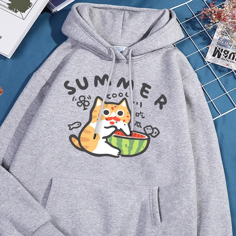 

Fun eating watermelon cat men women hoodie Harajuku print streetwear simplicity loose sportswears autumn fleece sweatshirt