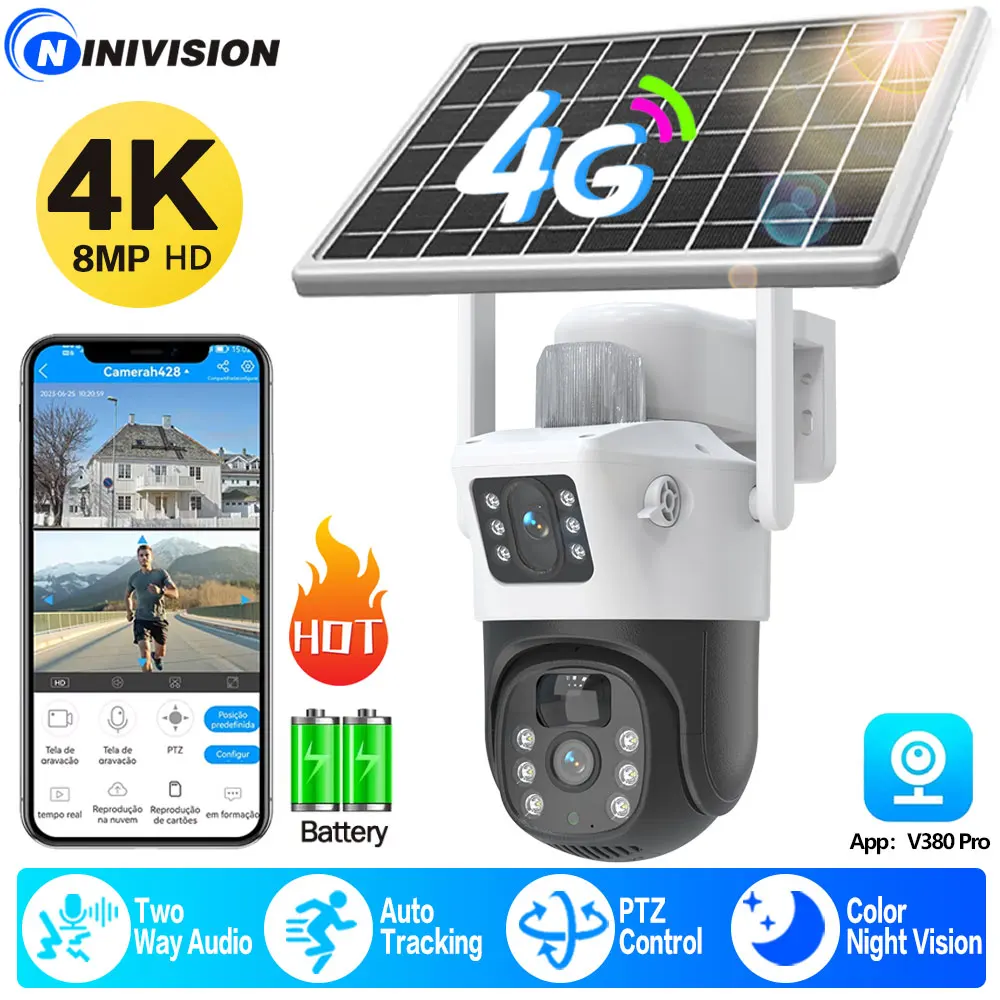 

8MP Dual Lens Solar Cameras 4K Wireless Surveillance PTZ Battery Camera Color Night Vision PIR Detection Smart Home 4G SIM Card