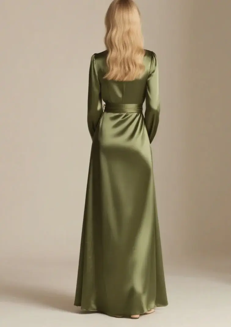 فستان سهرة أنيق على شكل حرف a طول الأرض وأكمام طويلة ورقبة على شكل V من الحرير والساتان والدانتيل بفتحة عالية وشاح فستان بشريط 2025 مخصص مجاني