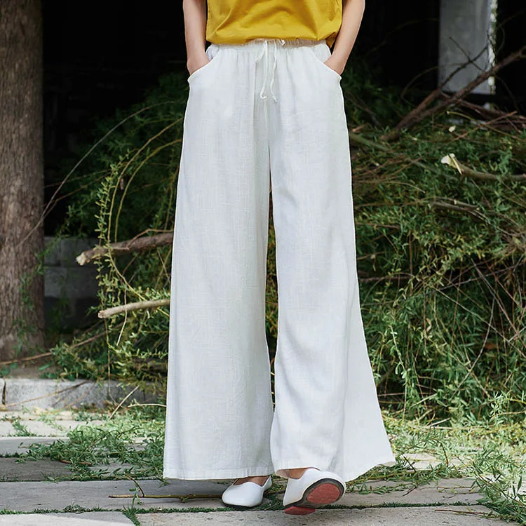 Nian Bai Xiu Fang: Oriental Zen Trousers - Lightly Washed Linen Wide-Leg Culottes