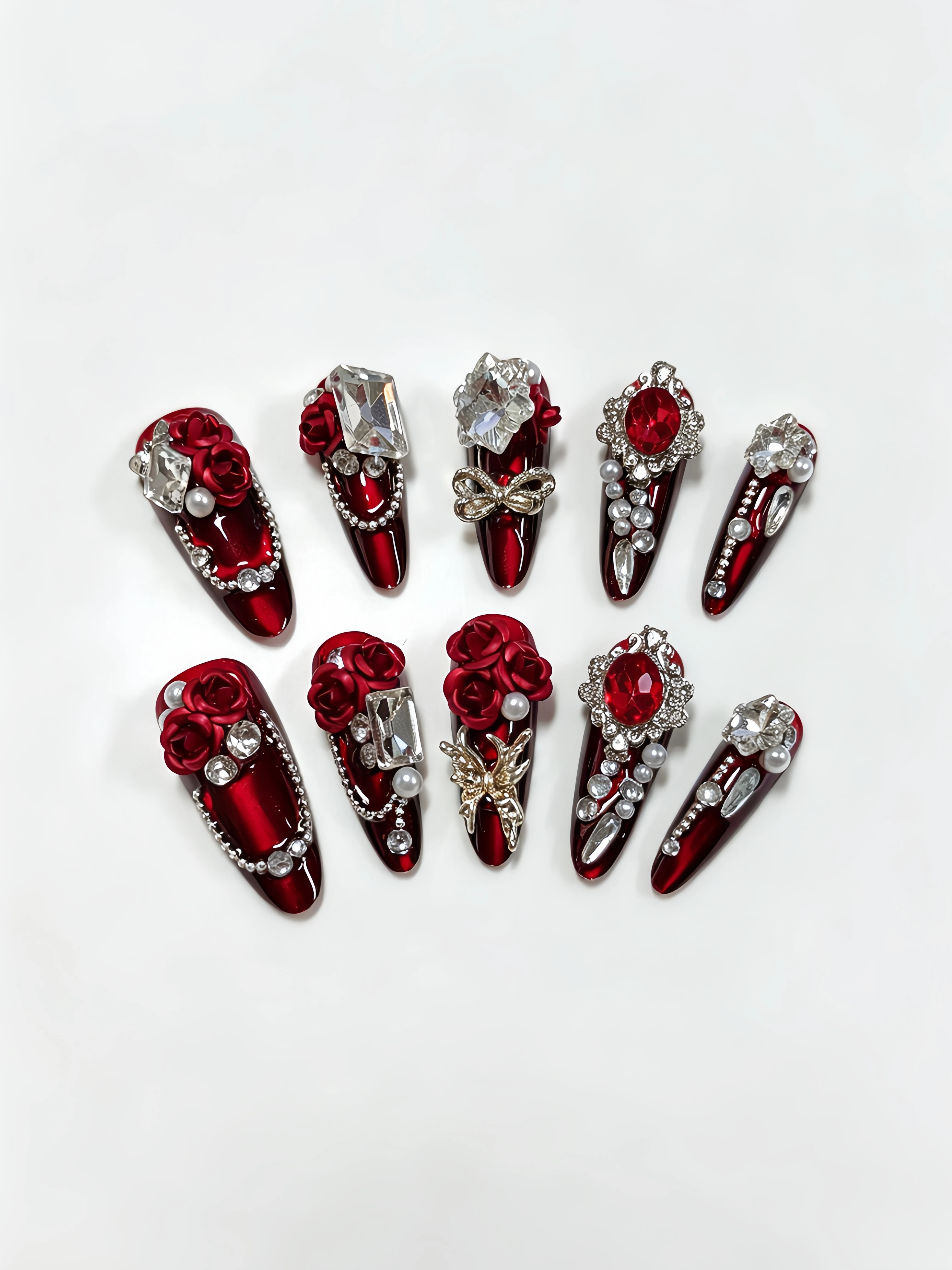10 Long Teardrop-Shaped Press-On Nails, Burgundy Metallic Base with Rose Diamond Embellishments, Luxury Wedding Nail Style, Vintage Photo Shoot Style, Retro Palace Style, Wedding and Christmas Atmosphere Nail Art Pieces view 2