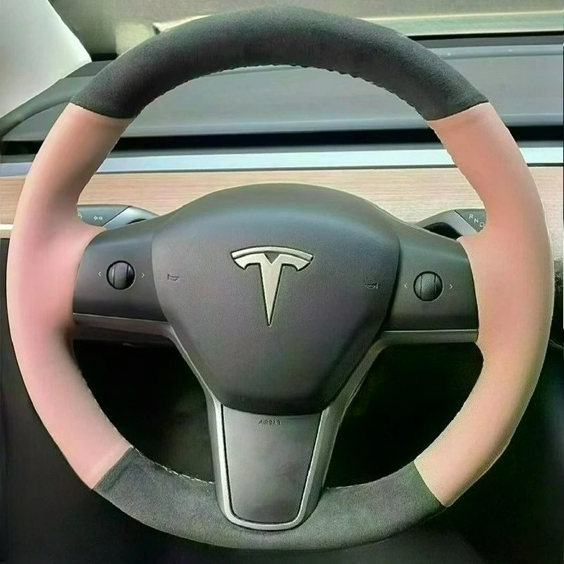 

For Tesla Model 3 2015-2021 Model Y 2019-2021 Hand Stitched renovation grey suede pink leather Non-slip steering wheel Cover